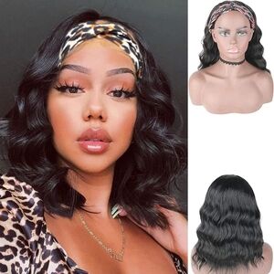 Headband Wig Short Wavy Black Headband